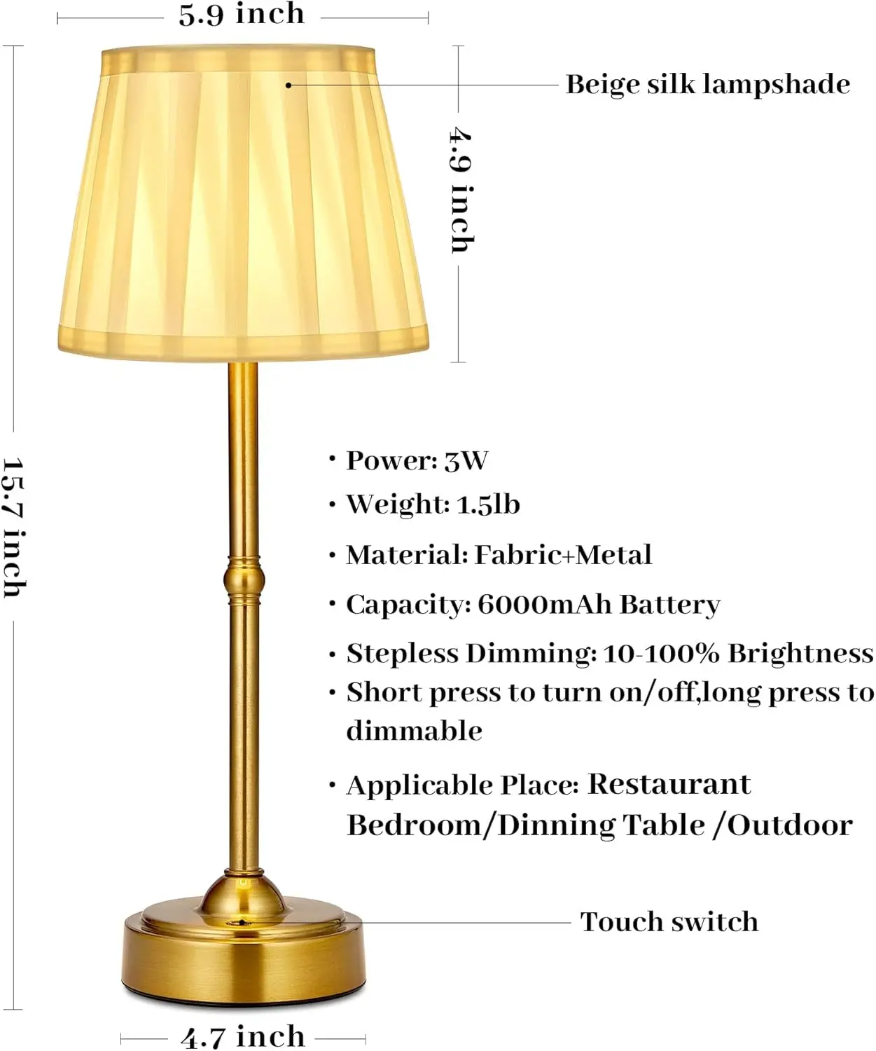Cordless Rechargeable Table Lamp Set of 2, 6000mAh Gold Bedside Lamp for Bedroom, Living Room, Dining Room, Balcony