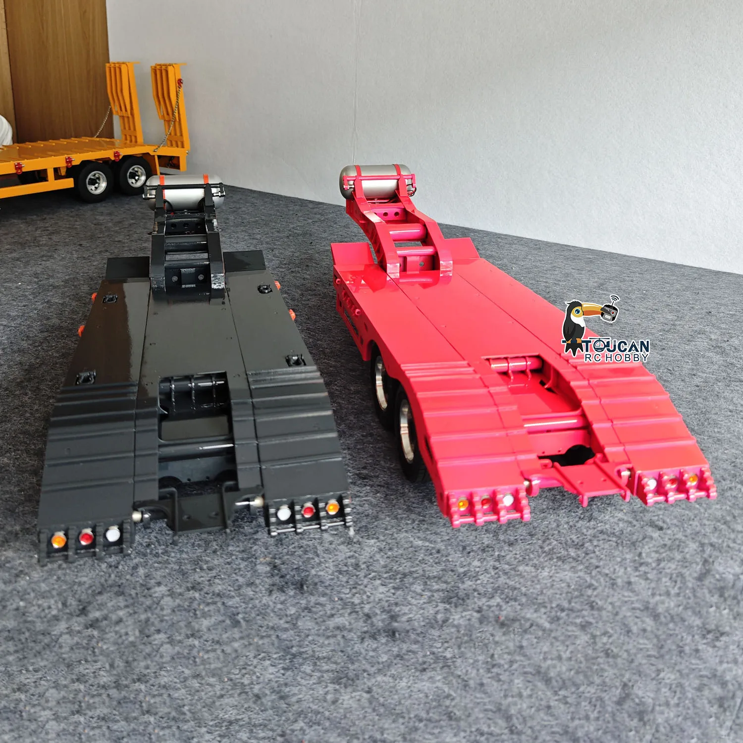 1/14 Metal 2 Axle Flatbed Trailer Manual Width Adjustable 18-23cm with Lights Stainless Steel Wheels for RC Tractor Truck Model