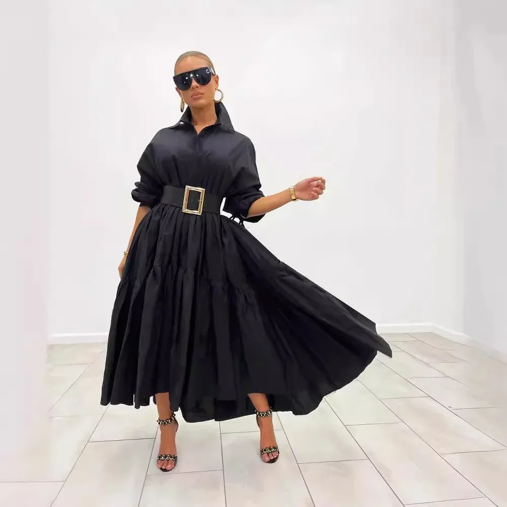 

Shirt Dress Women Turn Down Collar Y2k Streetwear Long Dresses Button Vintage Loose Vestidos Casual Belt A Line Summer 2025 Maxi