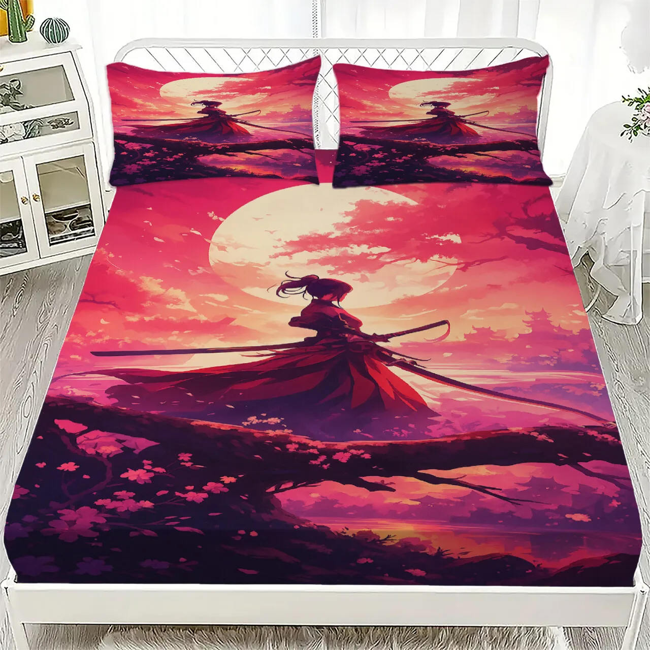 1pc 3D Fitted Sheets Set Sunset Samurai Cherry Blossom Tree Pattern  Bedding Set Printed Customized For Man And Kids Decorate