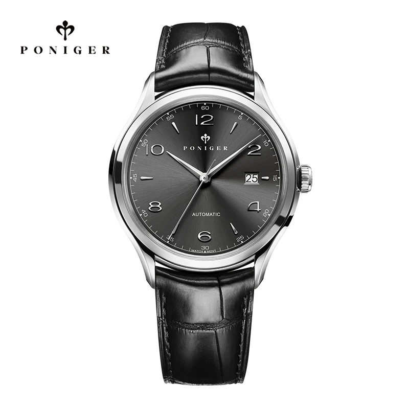 Poniger Reloj mecánico automático para hombre, vestido de moda, resistente al agua, con calendario, correa de cuero