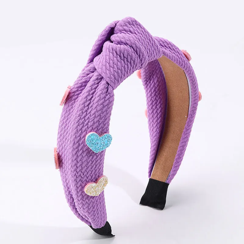소녀용 달콤한 매듭 머리띠, 반짝이 하트 머리띠, 신축성 있는 여성용 간단한 크로스 헤어 후프, 수제 어린이 헤어 액세서리