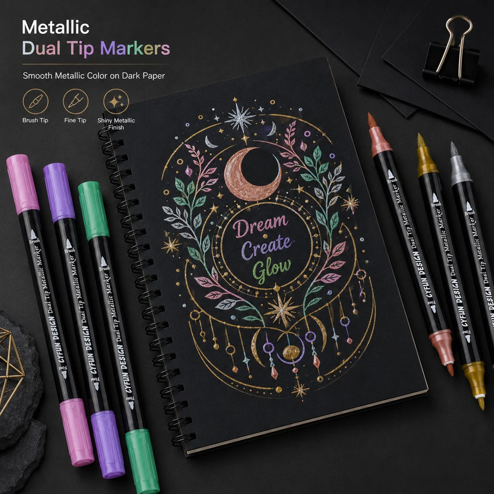 Dual-Tip Metallic Acrylic Markers 2 in1 Fine&Brush Tip Paint Pen for Black Paper,Rock Painting,Glass Craft,Card Making Scrapbook view 2