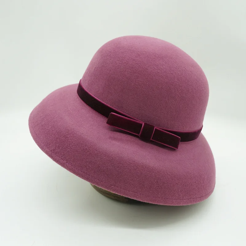 Autumn Winter Elegant French Vintage Purple Wool Soft Wool Hat High Quality Hepburn Style Fisherman Hat Felt Hat Derbies Femme