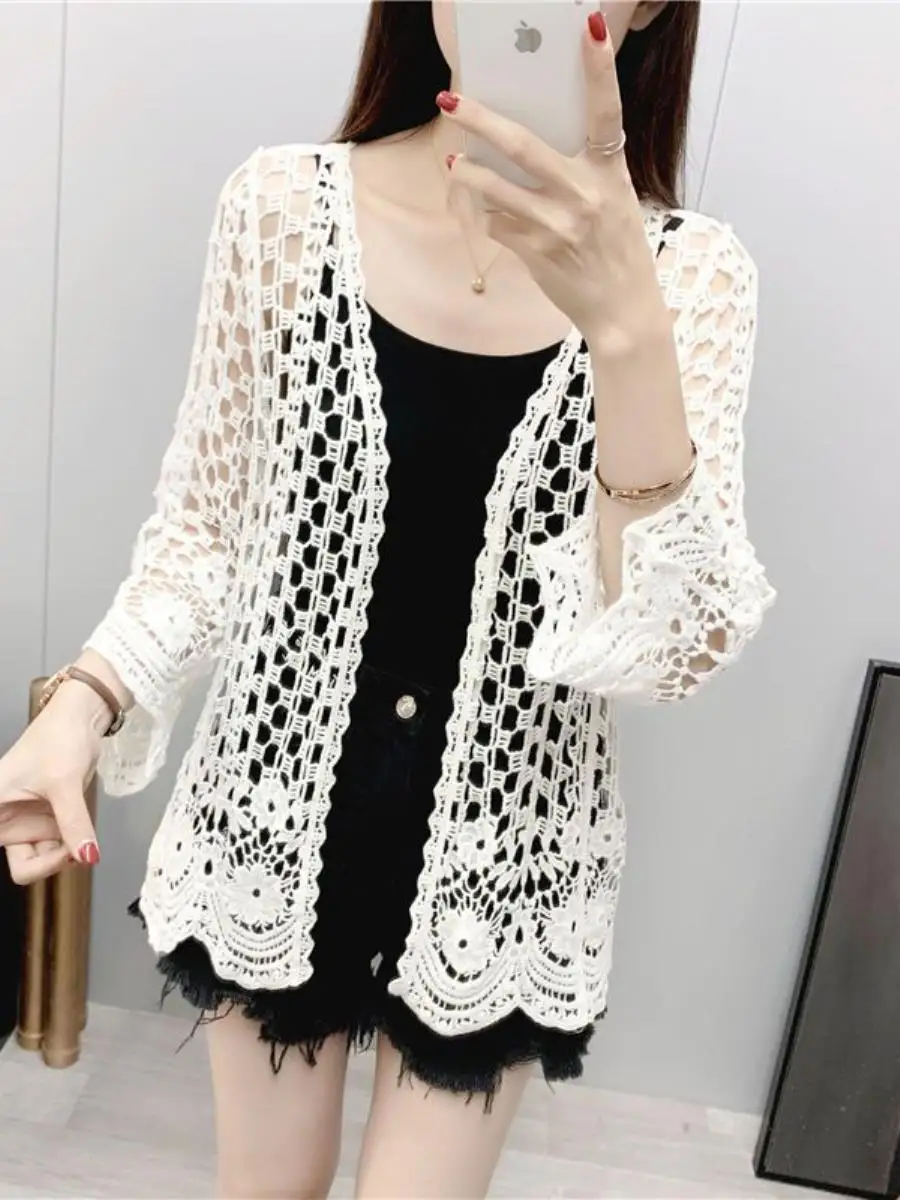 roupas-de-praia-com-protecao-solar-para-mulheres-cardigan-aberto-de-renda-com-manga-de-sete-pontos-conjunto-de-duas-pecas-p
