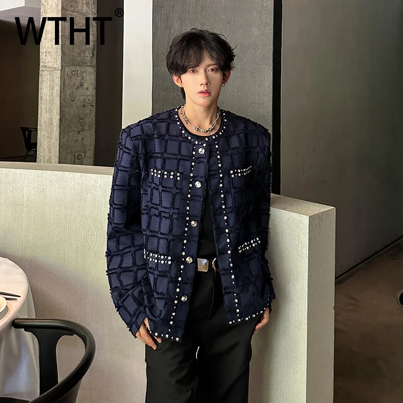 

WTHT модные мужские тяжелые непромокаемые пальто с бриллиантами, модные однобортные куртки с круглым воротником, мужские куртки, осень 2023, 2A2212