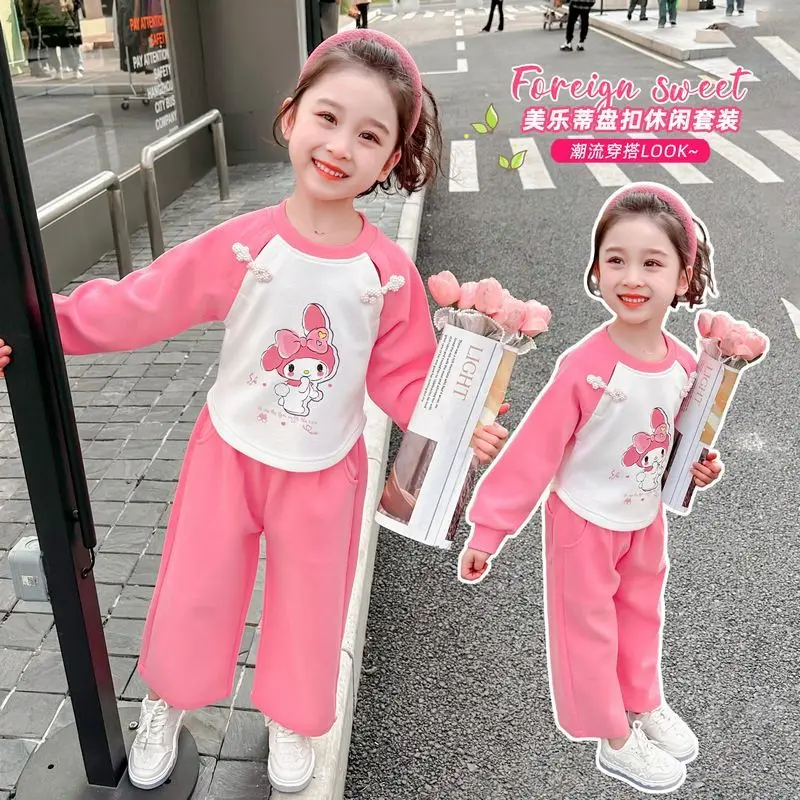 

Girly Heart My Melody Anime Kawaii Sanrio Long Sleeve Hooded Pants Spring Autumn Cute Cartoon Children Two Piece Set Cloth Gifts