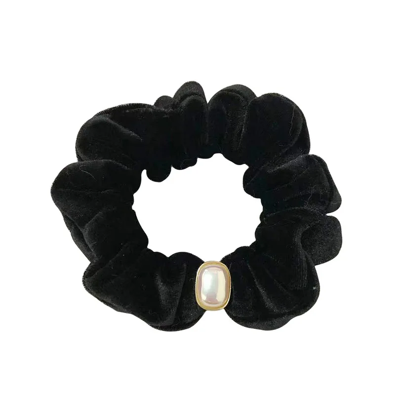 Korean Style Simple Oval Pearl Versatile High Quality Black Velvet Pearl  Intestine Ring Hair Ring Hair Accessories Hair Rope