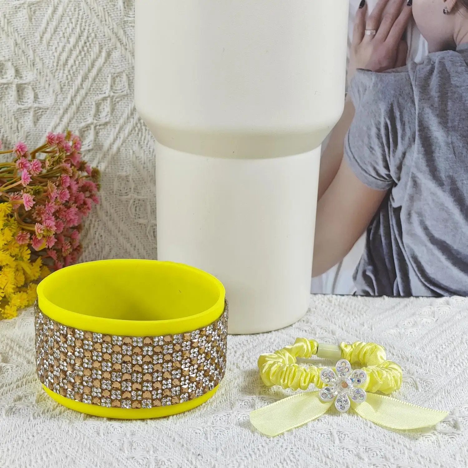 Plaid Sparkling Rhinestone-Encrusted Silicone Cup Sleeve Sports Space Cross-Border Hair Tie Tumbler Base Cover