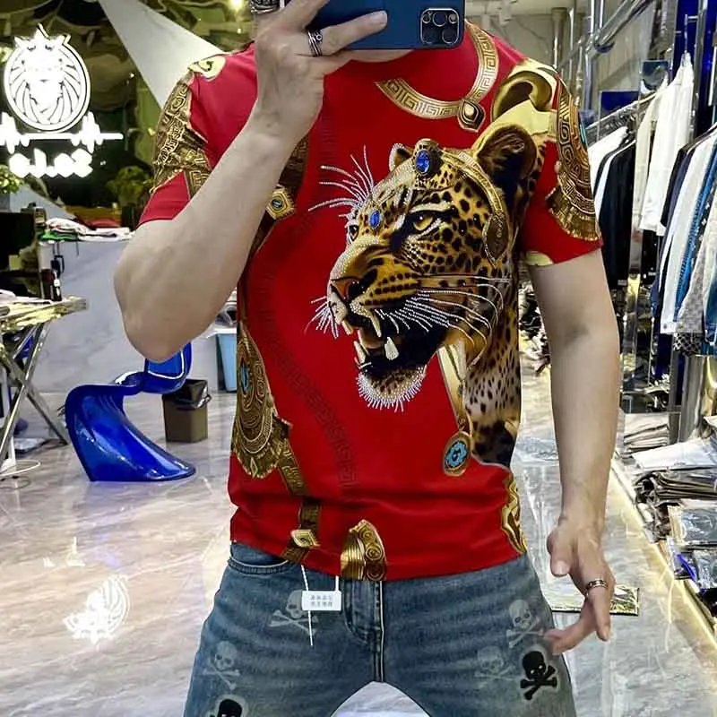 2024 Summer New European Men\'s Tiger Head T-Shirt Quality Casual Sports Short Sleeve T-Shirt