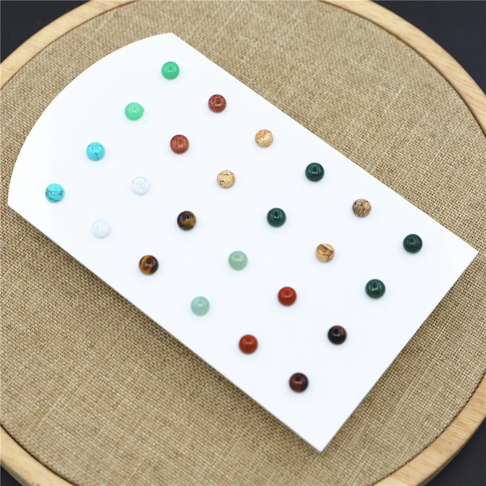 Trendy Geometric 6mm Round Mixed Color Natural Stone Stud Earrings New Design For Women Fashion Cute Small Wholesale 12Pair