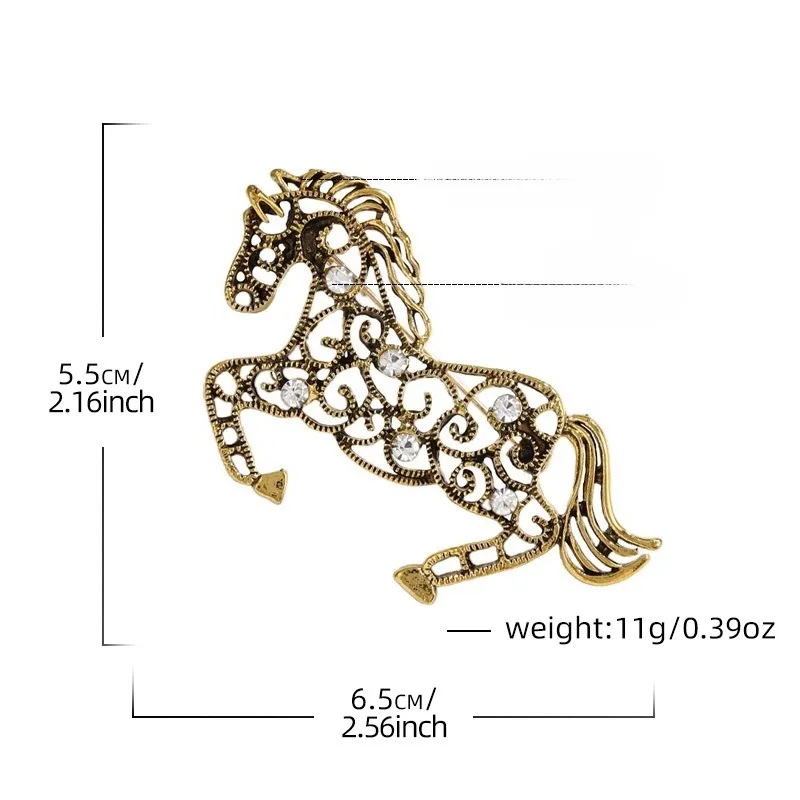 Vintage Hollow-Out Galloping Horse Crystal Badges Brooch Classic Exquisite Clothing Coat Party Pin Jewelry For Lady Gifts