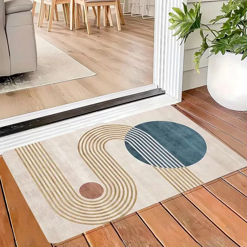 Mid Century Modern Geometric Semicircle Door Mat Non Slip Soft Floor Rug Retro Warm Tone Block Art Entrance Carpet For Entryway