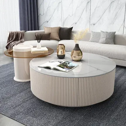 Light luxury coffee table design round Italian high-end marble refurbishment small apartment living room with storage tea table