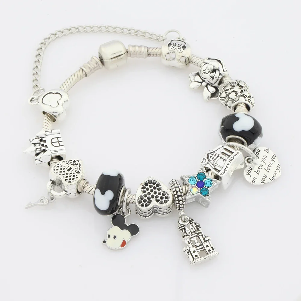 Silver Color Heart Key Castle Bead Pendant Bracelet Cartoon Mickey Minnie Charms Jewelry for Fashion Jewelry Gift