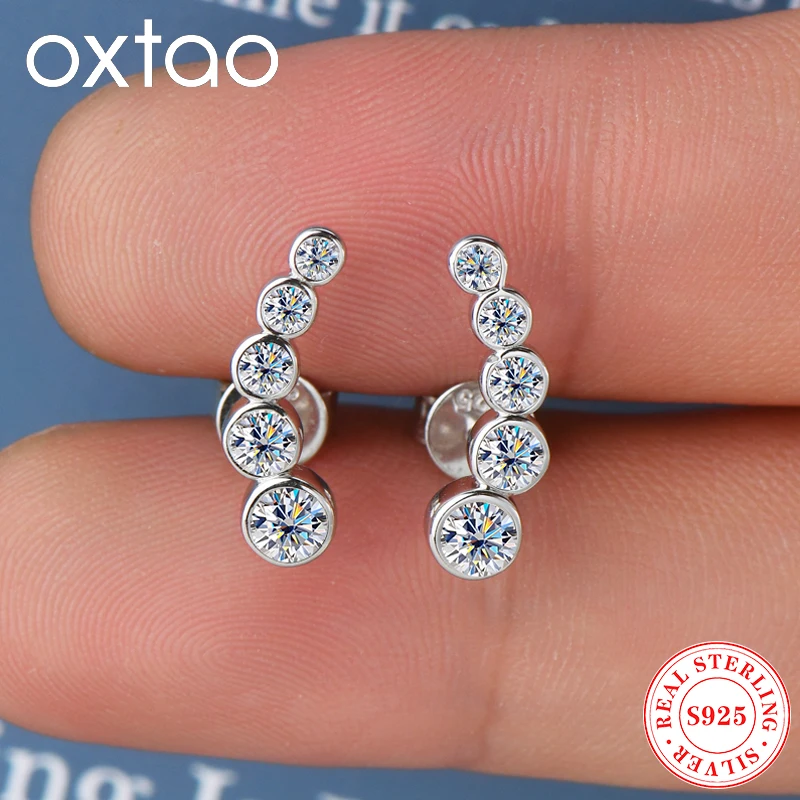 

OXTAO 925 Silver Climber Earrings Sparkling Moissanite Round Stud Earrings Engagement Wedding Jewelry Gift for Women Temperamen