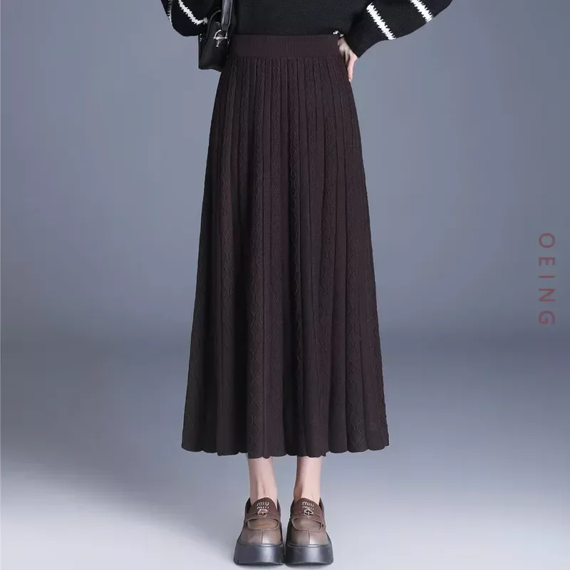 

Autumn Winter Elastic High Waist Knitting Wool Long Skirt Women Elegant Chic Slim Fit Casual A-line Brown Black Skirts 2301