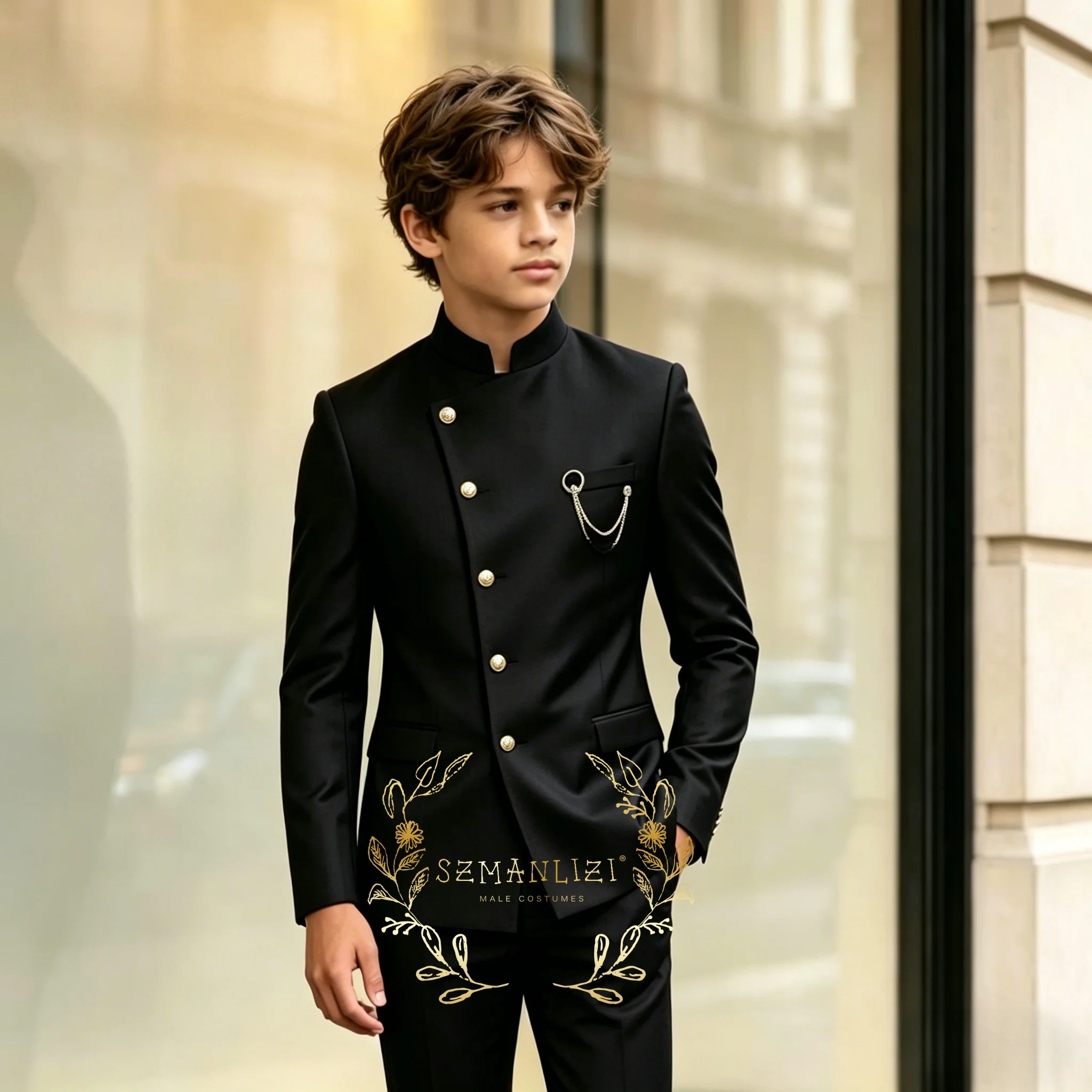 

Indian Style Black Child Boy Dinner Tuxedos Little Kids Costume Wedding Party Prom Pants Suits Birthday Wear 2 Pieces Customized