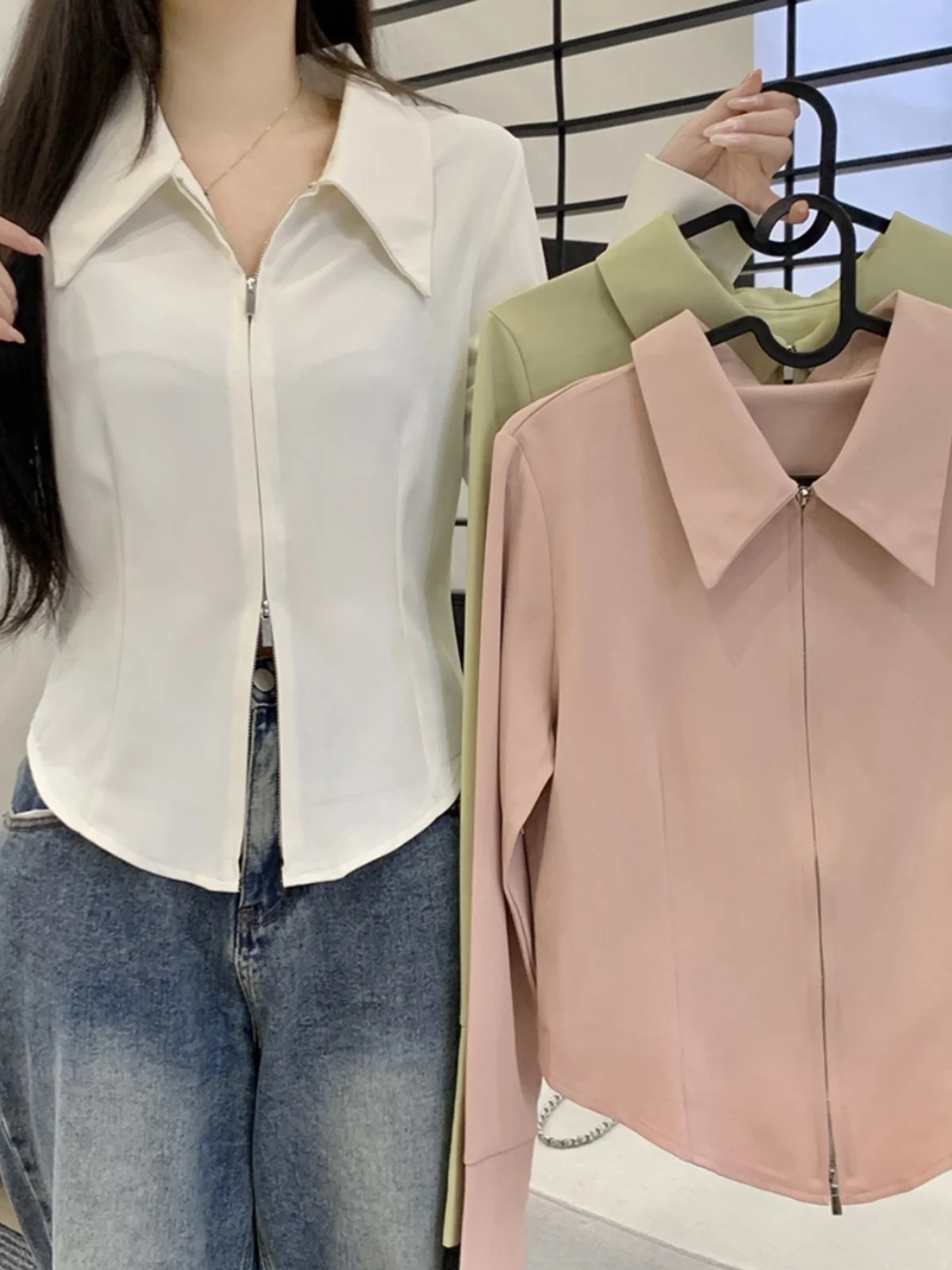 

Double Zipper White Shirt Women's Spring Style plus Size Slimming Fashionable Top Irregular Fishbone Design Korean Version