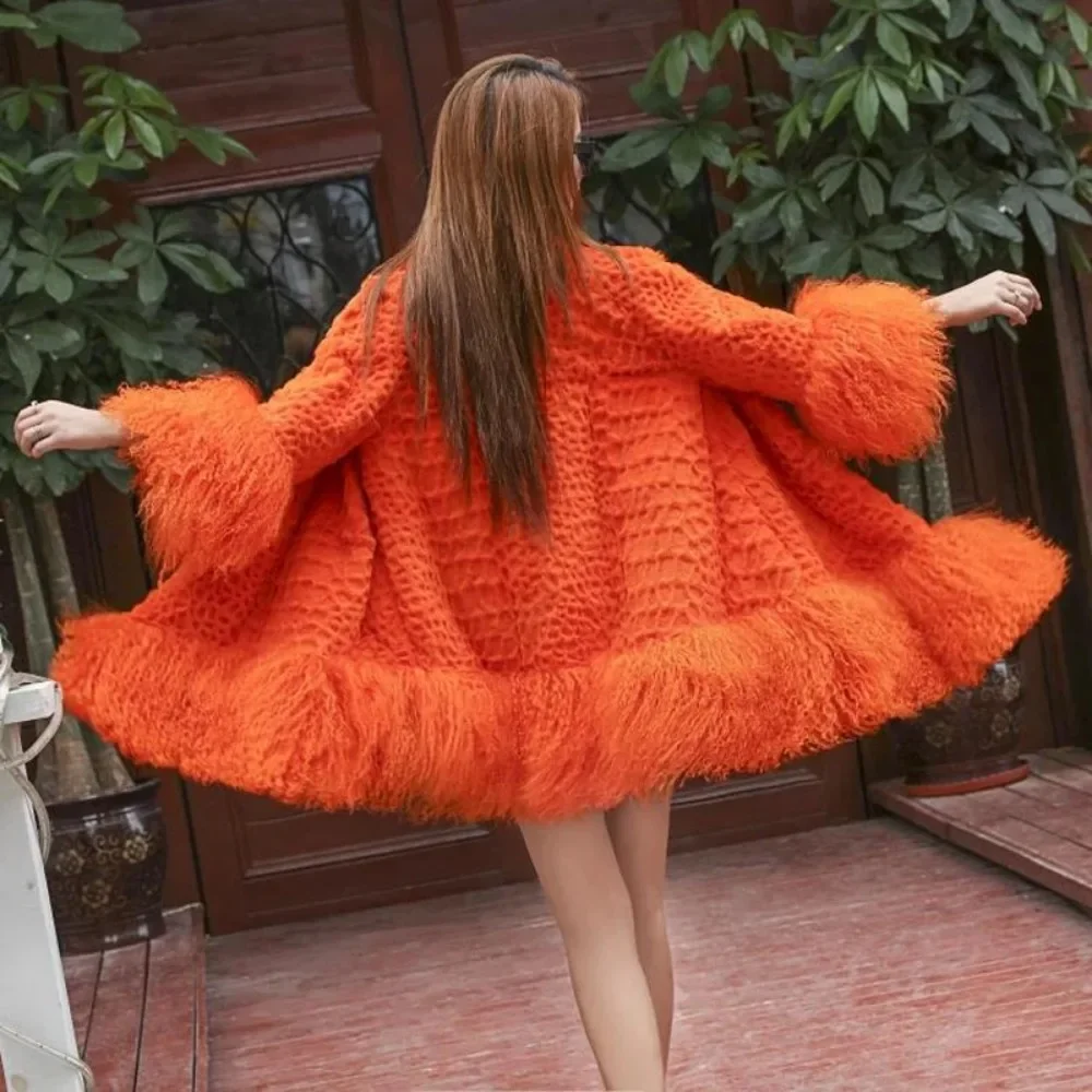 Sheep Fur Coat Sleeve Hem Ladies Europen America Fashion Women Mongolia Loose Outwear Genuine Fur Coat Fashion New Fur Jacket