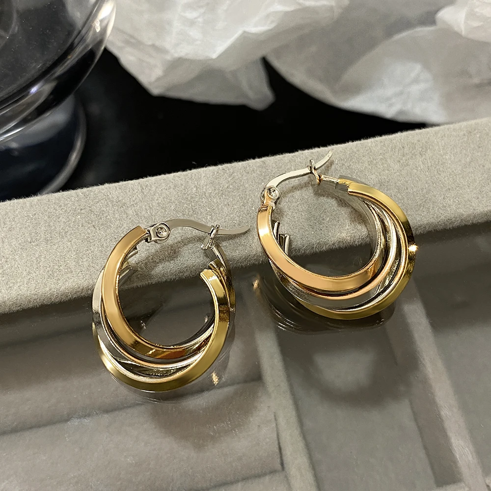 Greatera modne trójkolorowe skręcone kolczyki koła ze stali nierdzewnej dla kobiet pozłacane geometryczne okrągłe kolczyki w kształcie koła biżuteria — zdjęcie 3
