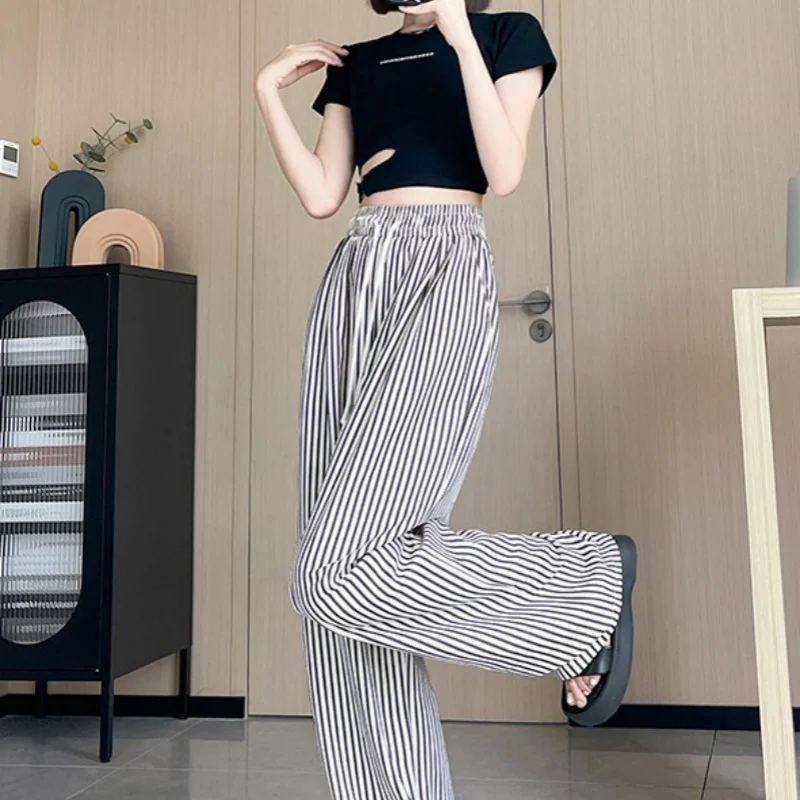 

Весенне-летний дизайн, двухцветные полосатые свободные широкие брюки с высокой талией, удобные тонкие повседневные прогулочные брюки в ленивом стиле
