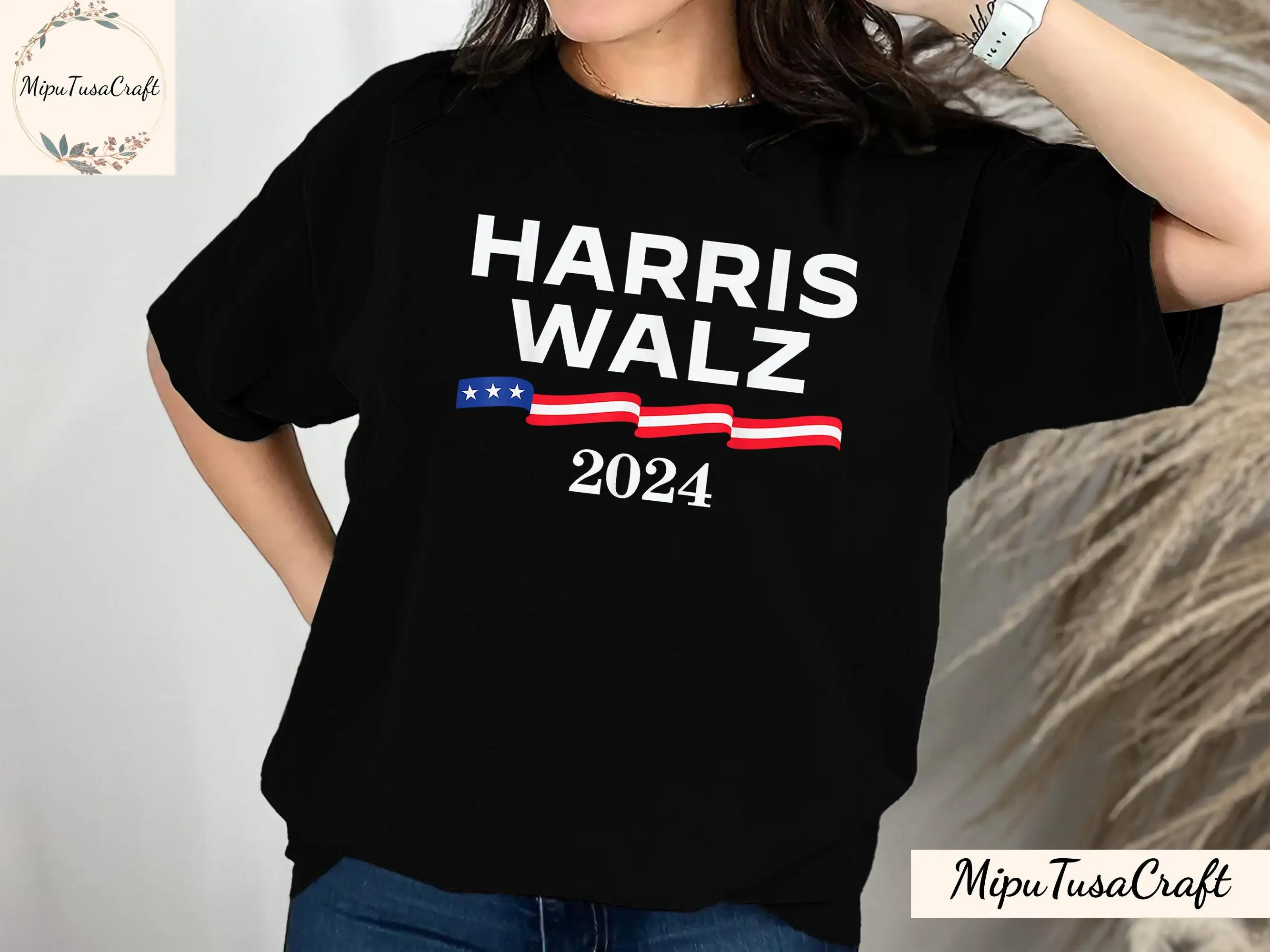 Harris Walz 2024 T Shirt Kamala Tim Democrat Vote Blue Liberal Feminist