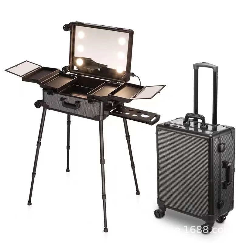 Aluminum Magnesium Alloy Rolling Makeup Trolley with Bluetooth Dimmable LED Mirror Large Capacity Cosmetic Case for Beauty Artis