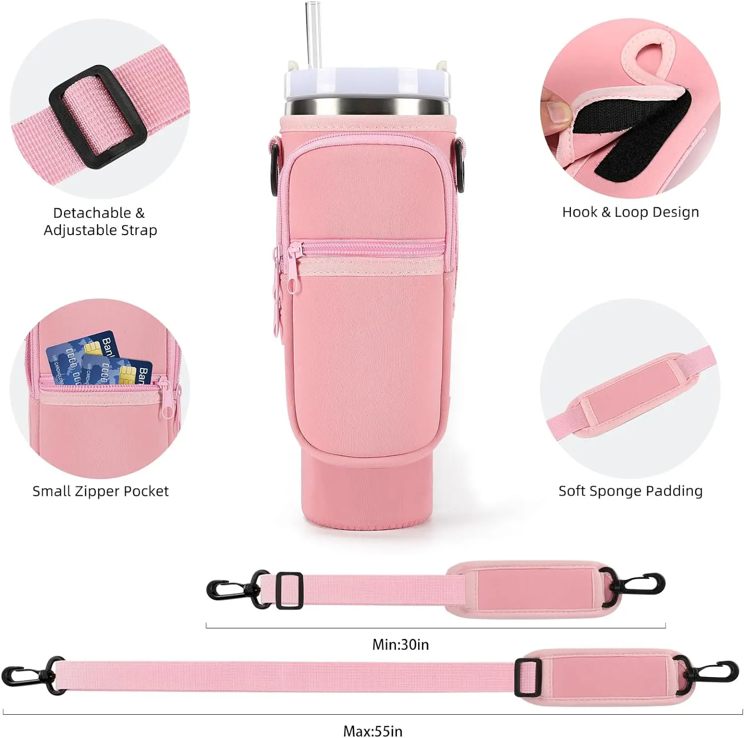 1+10pcs Water Bottle Carrier Bag with Straw Cover for 40oz&30oz Tumbler with Handle,Pink Cup Accessories