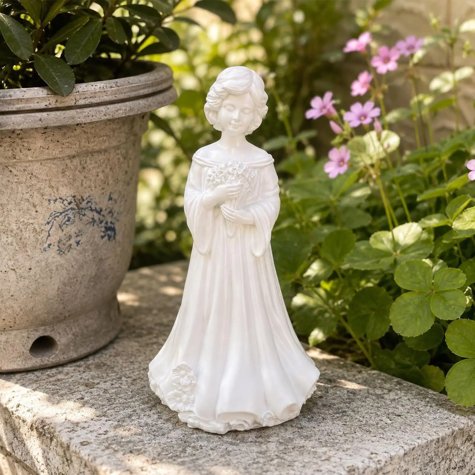 7 Inch White Resin Girl Statue Holding Flower Ornament Elegant Garden Figurine Weatherproof Decor Sculpture For Yard Patio