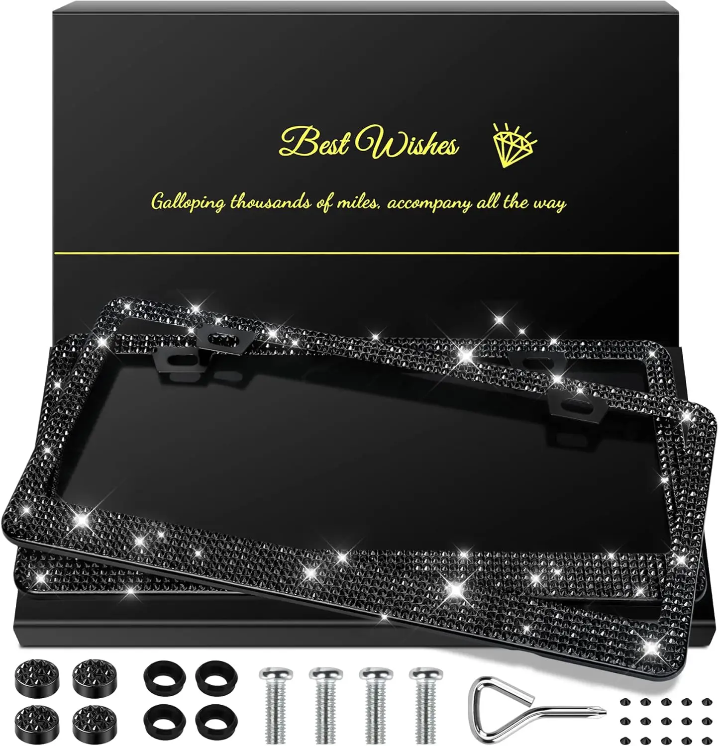 

2 Pack Bling License Plate Frames for Women, Sparkly Rhinestone Car Accessories with Glitter Crystal Caps, Black