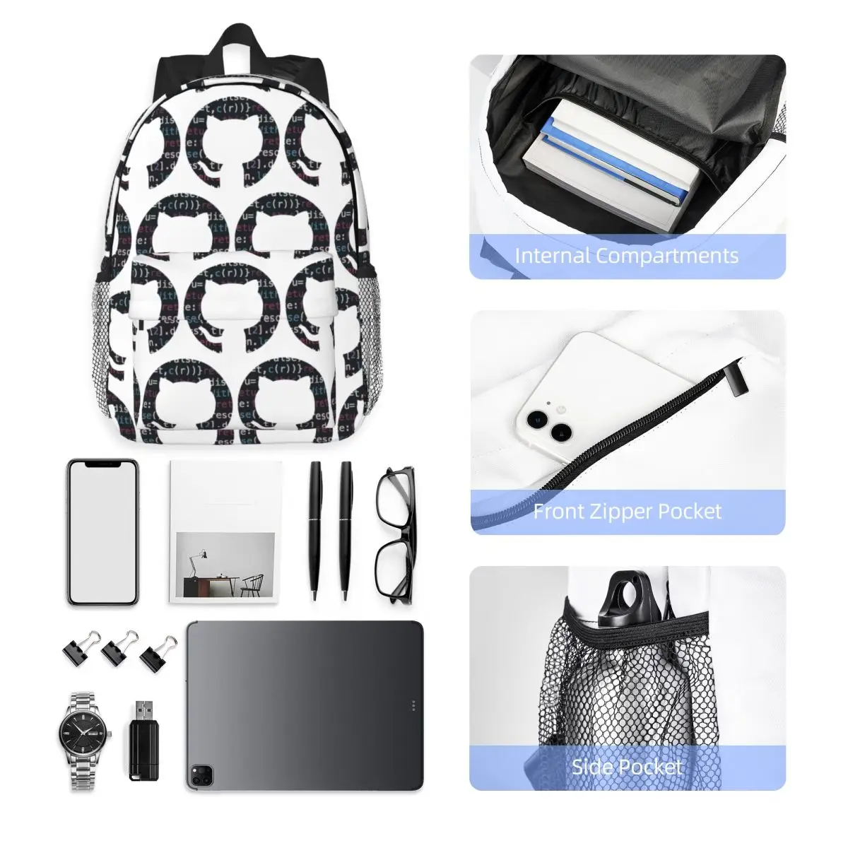 Github Code Logo Backpack Hot Sale Daypack Large Capacity Boys Girls BookBag Shoulder Bags for Men Women School Bag