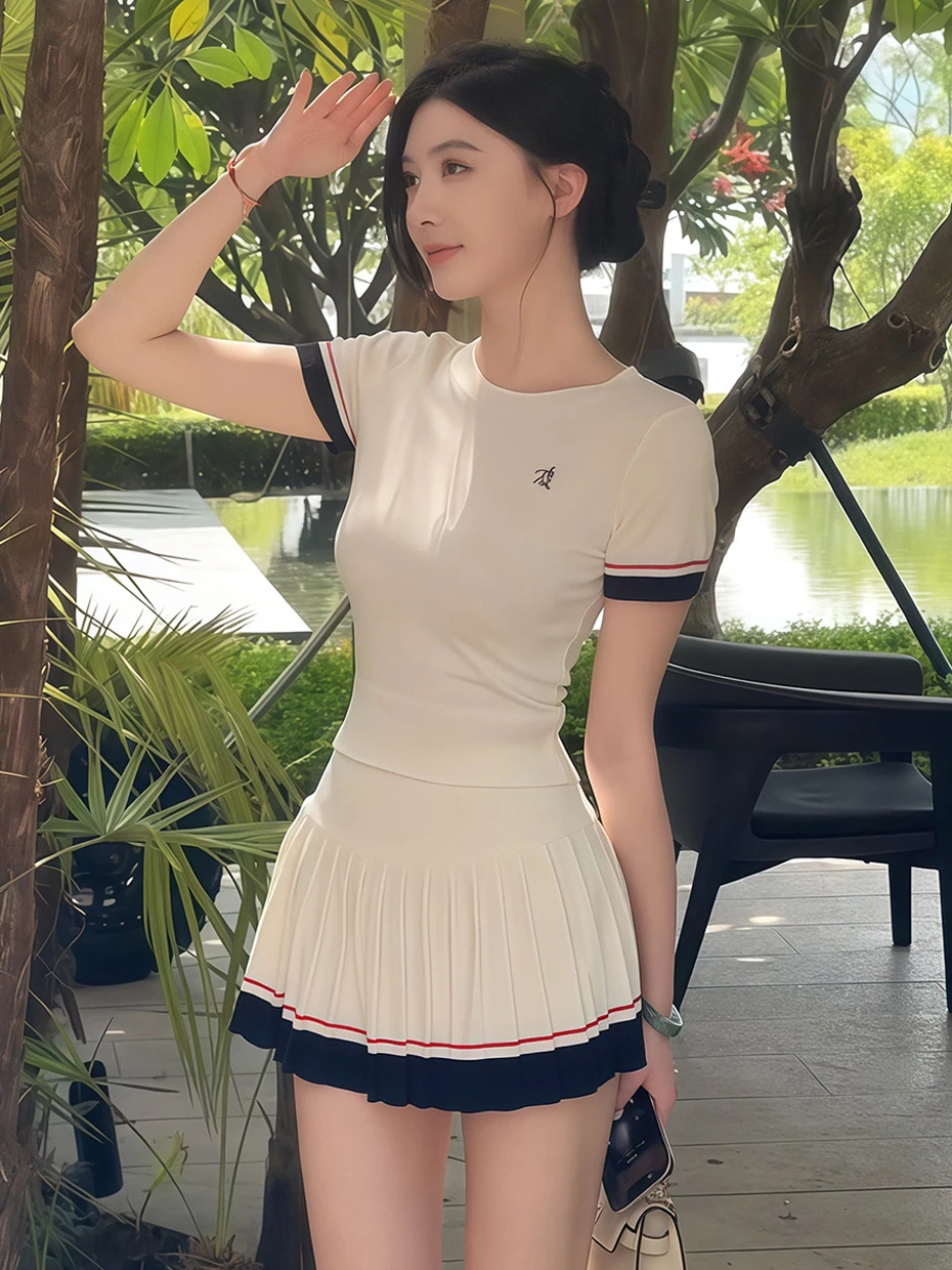 

Slim Fit Short Sleeve Knitted round Neck A-Line Skirt Set Women's Fashion Spring New Style High Waist Short Skirt Two-Piece Set