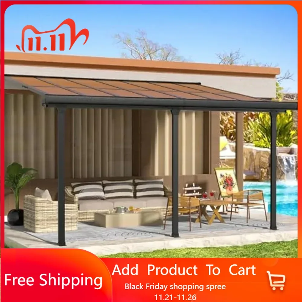 Adjustable Wall-Mounted Gazebo, PC Panel Roof Outdoor Pergola with Drainage Holes & Aluminum Frame, Outdoor Patio Lean