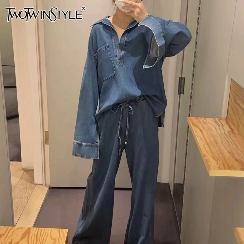 TWOTWINSTYLE Denim Two Piece Set For Women Lapel Long Sleeve Shirt High Waist Wide Leg Jeans Loose Casual Sets Female Fashion