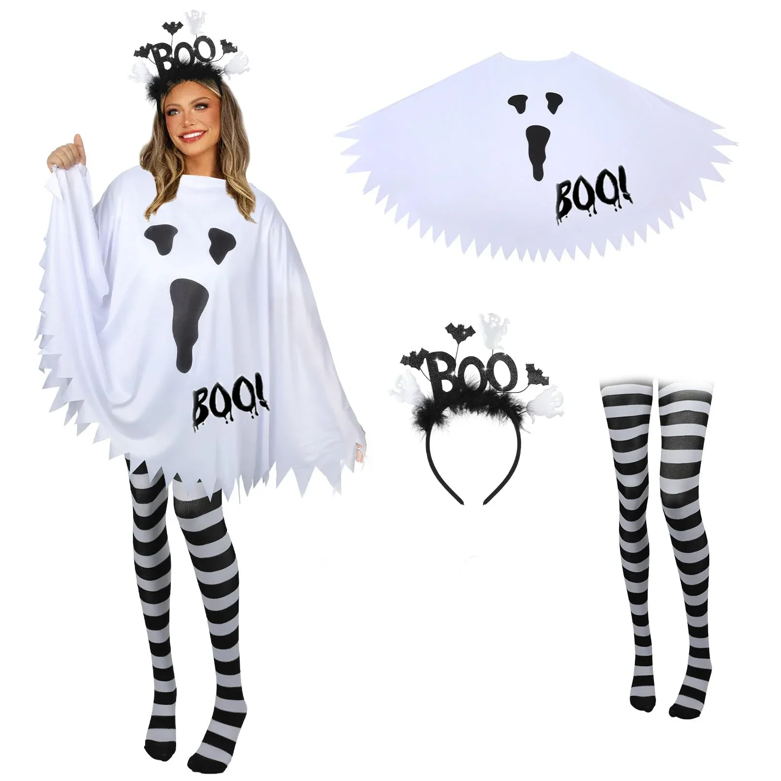 Mantello da fantasma di Halloween Set superiore Costume da donna per ragazza adulta Fascia per capelli Calza a righe Vestito da Halloween Carnevale