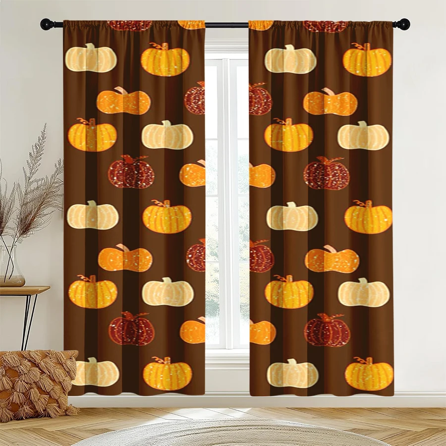 2PCS Digital Print Curtain, Various Pumpkins Pattern Repeat, Brown Background Fall Harvest Style for Living Room Bedroom Decor