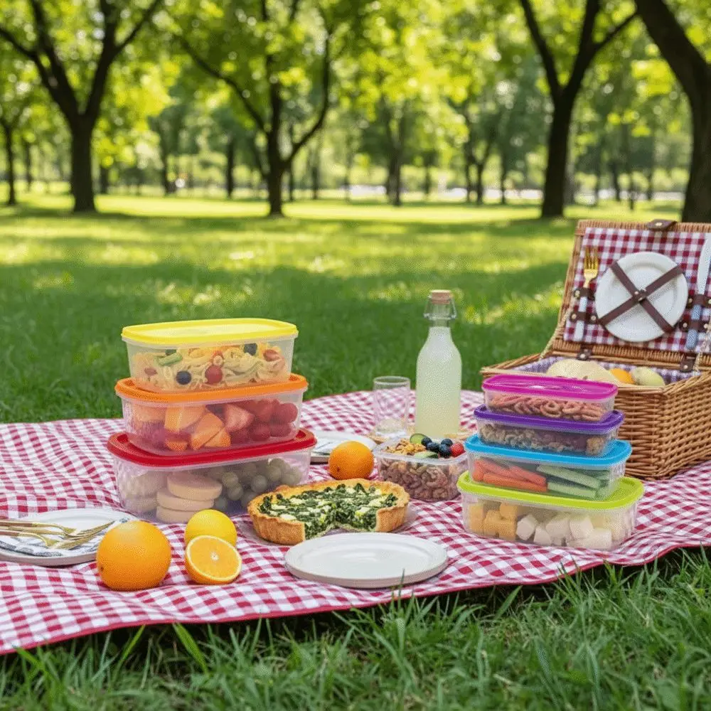 7Pcs Rectangular Food Storage Bowl Plastic Rainbow Freshing Box Food Preservation Rapid-Access Sealed Food Container Household