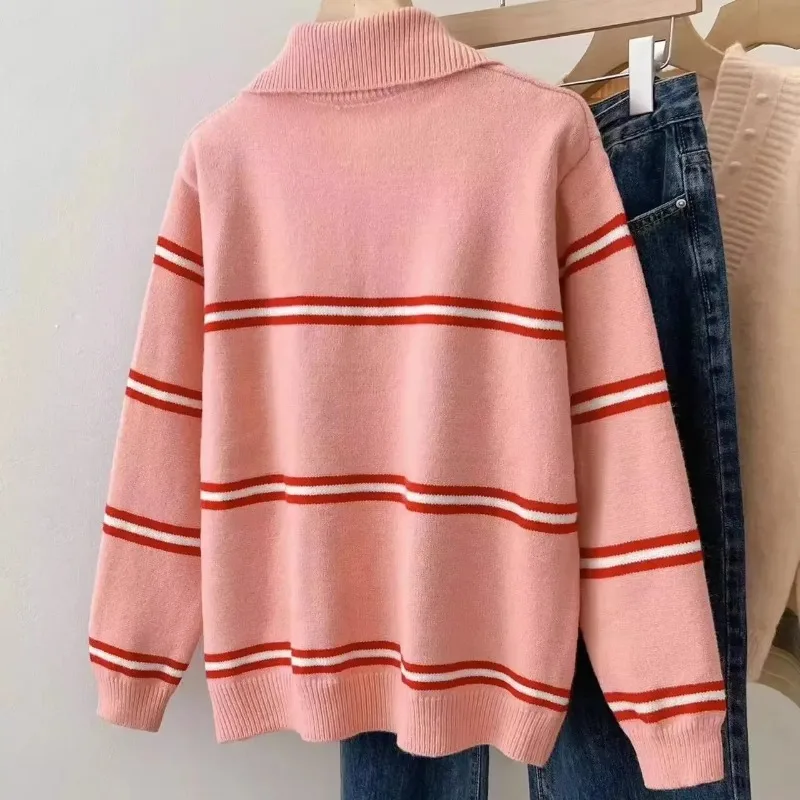 2024 Polo Collar Half Zip Chain Sweater Women's Autumn Winter Lazy Style Color Block Knitwear Pullover Stripe Loose Knit Sweater