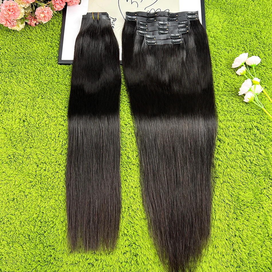 Straight Clip Ins Extensions 100% Human Hair 200 Grams/7Pcs/Bundle #1B Natural Black Color 18-24 Inch Full PU Weft Clips Hair