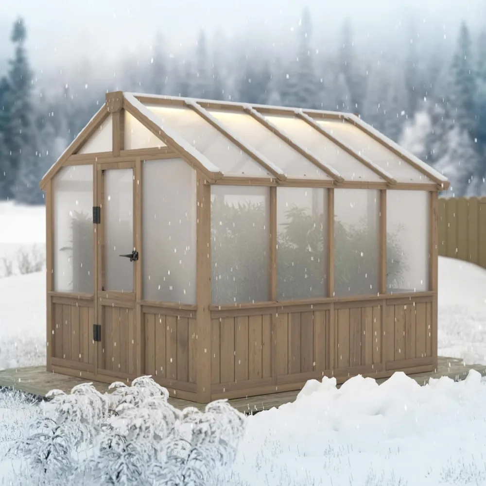 Greenhouse for Outdoors with Cedar Frame, Multi-Layer Polycarbonate Panel, Green House with Adjustable Vent. Outside Greenhouse