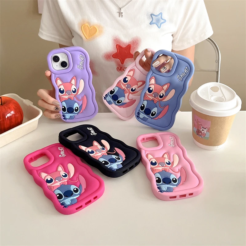 Coque de téléphone Stitch Wave Side, coque en silicone souple, dessin animé 3D, couple, mignon, luxe, iPhone 16 15 14 Plus 13 12 Pro Max 11 X Xs