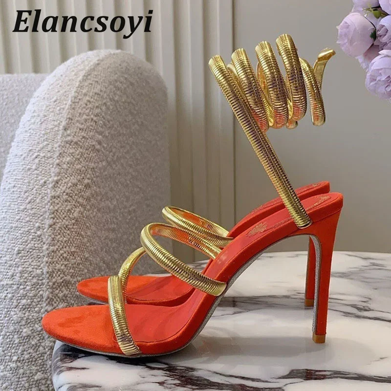 High Heels Gladiator Sandals Women's Metal Ankle Snake Shaped Winding Stiletto Sandalias Summer Sexy Banquet Dress Shoes