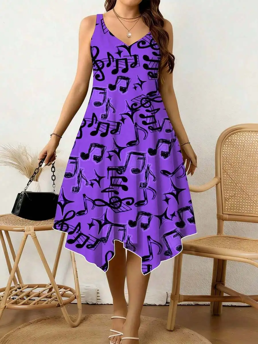 

Women V Neck Asymmetric Hem Dress Music Notes Print Summer Casual Party Festival Wear