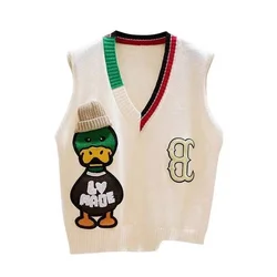 Cartoon Duck Embroidery Vintage V-Neck Knitted Sweaters Women Vest Korean Fashion Sleeveless Pullover Sweater Woman Winter 2023