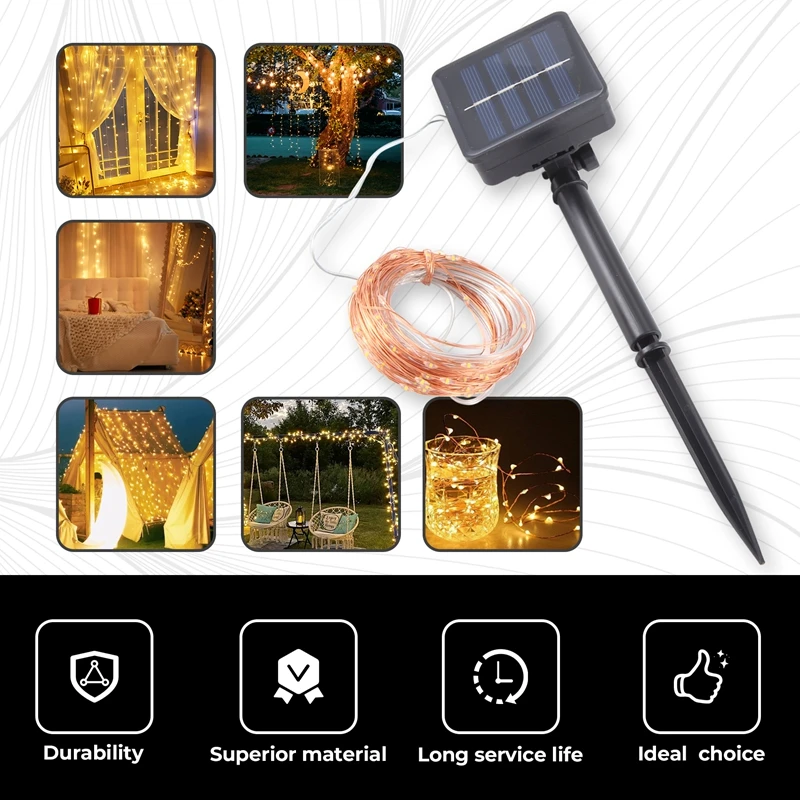 أضواء سلسلة الطاقة الشمسية AA46، 10M 100LED أضواء سلسلة خارجية، أضواء سلسلة زخرفية مقاومة للماء للفناء والحديقة والبوابة والساحة، P