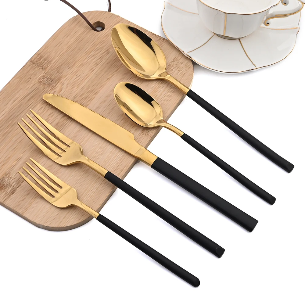 Zoseil 30 Pieces Black Gold Tableware Set Steak Knife Tableware Western Stainless Steel Tableware Household Kitchen Appliances