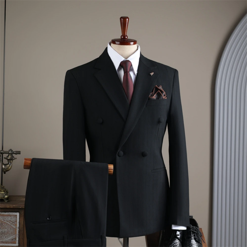 Striped Men's Formal Business Suit Set Office Outfit,Elegant Double Breasted Tuxedo 2 Pieces,Classic Notched Lapel Suits For Men