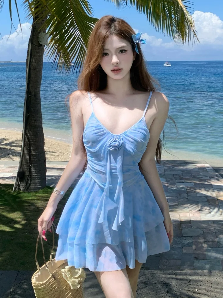 One Piece Swimsuit Women 2026 New Blue Mesh Sling Sexy Dress Chiffon Skirt Swimwear Summer Beach Cover Up Bathing Suit Female