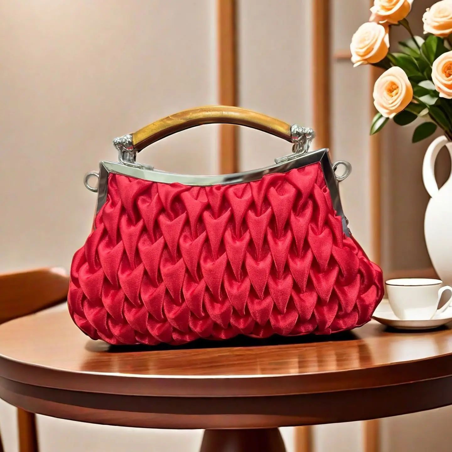 New simple silk satin pleated celebrity handbag light luxury temperament dinner dress shoulder messenger bag